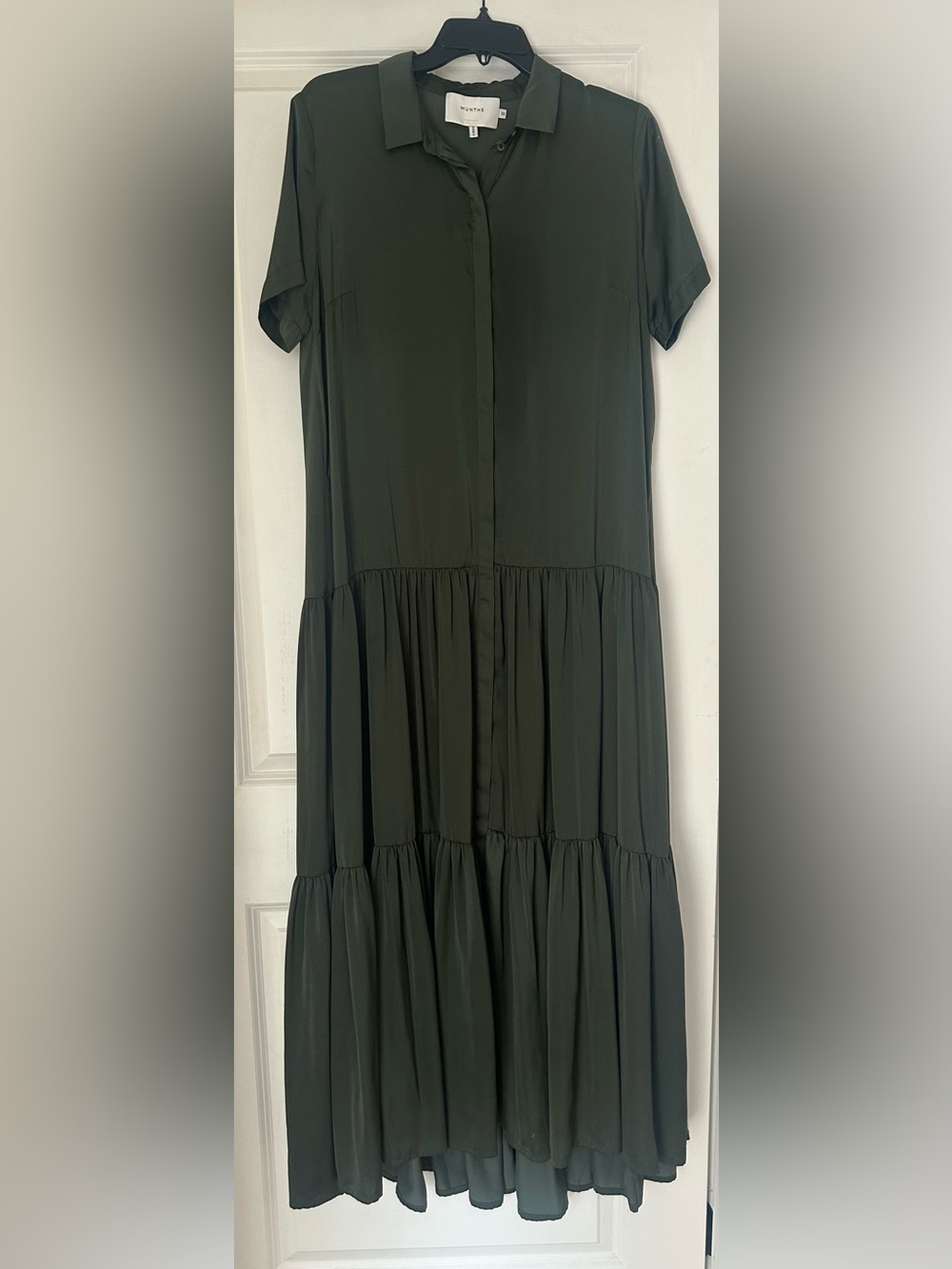 Button-Front Tiered A-Line Midi Dress in Olive Green by Munthe